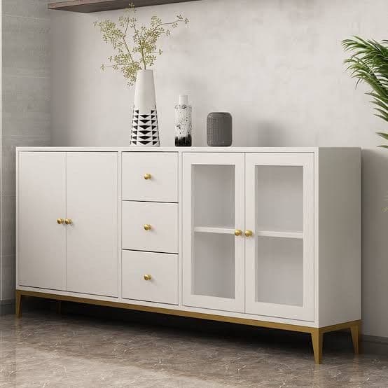 White Lacquer Credenza with Glass Display and Brass Accents