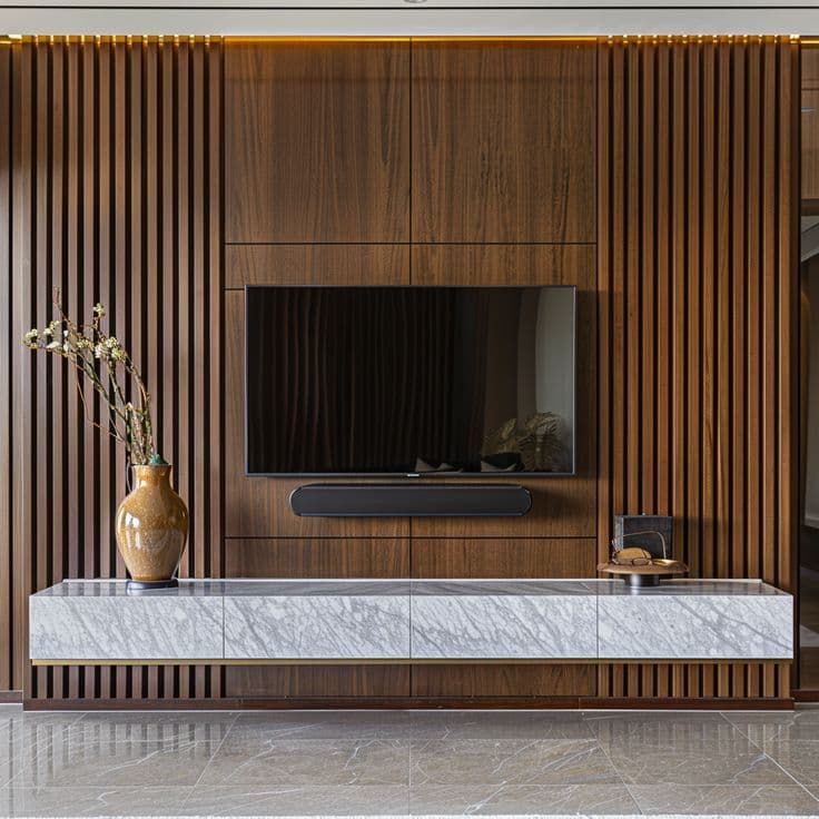 Slatted Walnut TV Feature Wall with Marble Floating Console