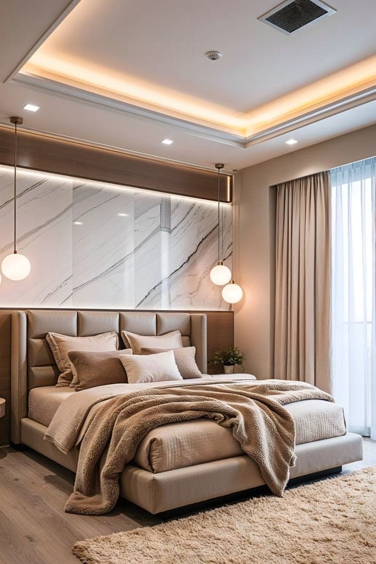 Marble-Backed Tufted Platform Bed Suite with Warm Backlighting