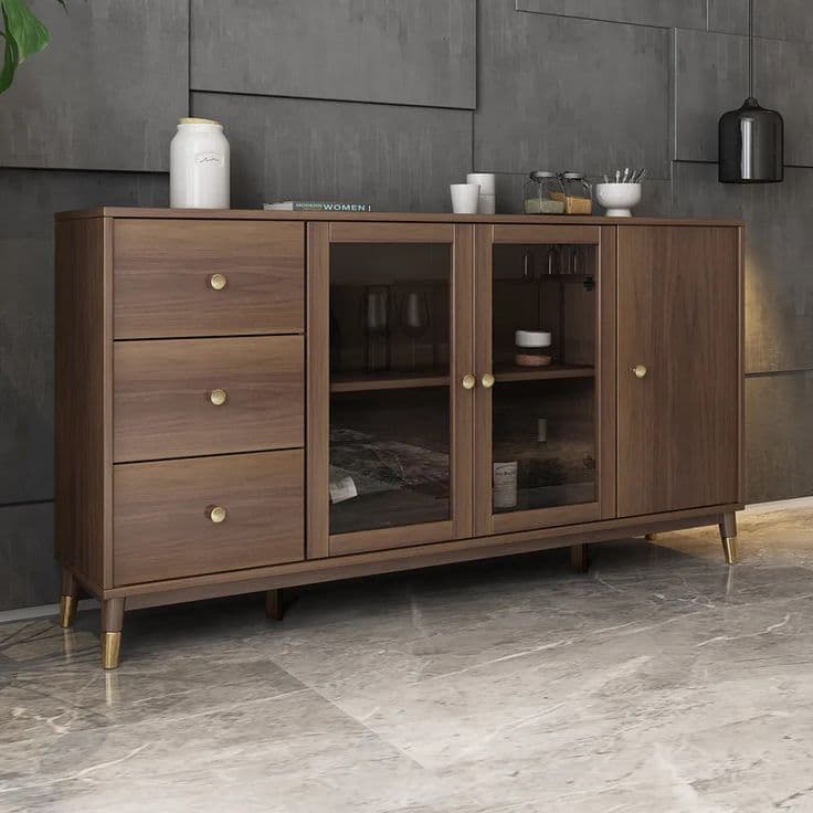 Walnut Credenza with Glass Display Doors and Brass Ferrules