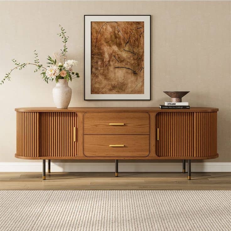 Fluted Oak Curved Media Console with Brass Accents
