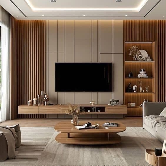 Custom Fluted Wood Entertainment Unit & Table Set