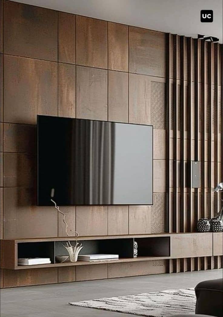 Architectural Patinated Wood & Vertical Slat TV Feature Wall