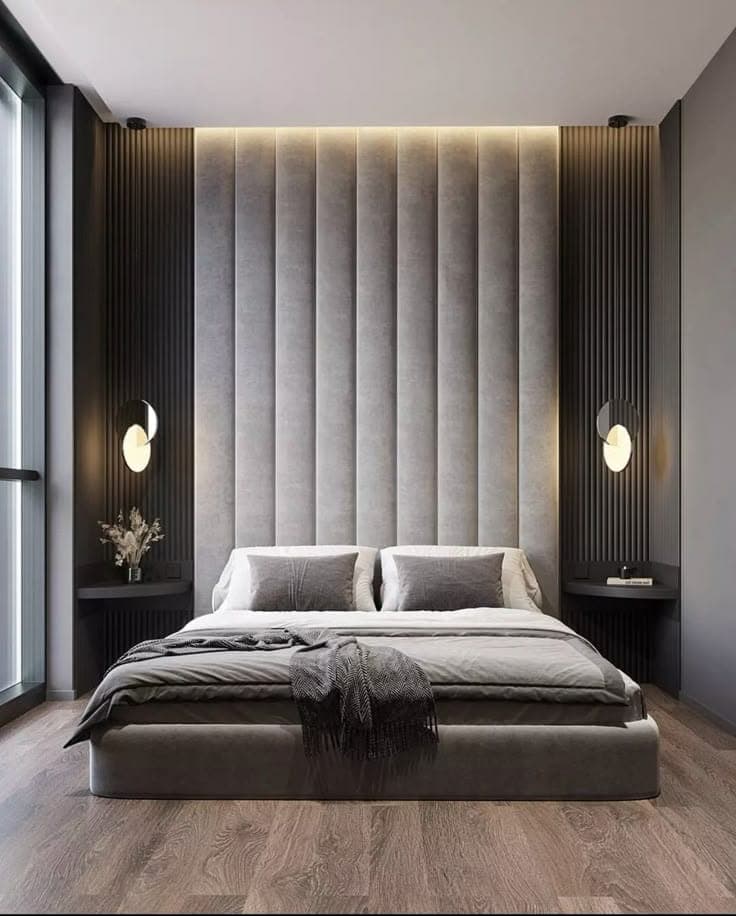Oversized Vertical Channeled Bed Wall Feature with Fluted Slats
