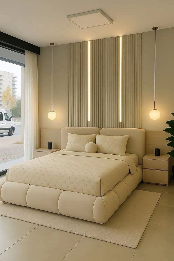 Rounded Modular Bed with Backlit Fluted Panel Wall